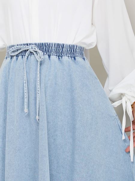 BELİ LASTİKLİ İPLİ KOT KLOŞ ETEK MAVİ