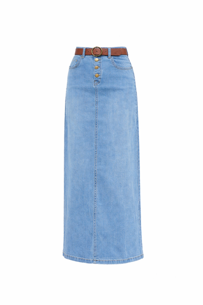 Natural Fabric Belted Denim Skirt Light Blue
