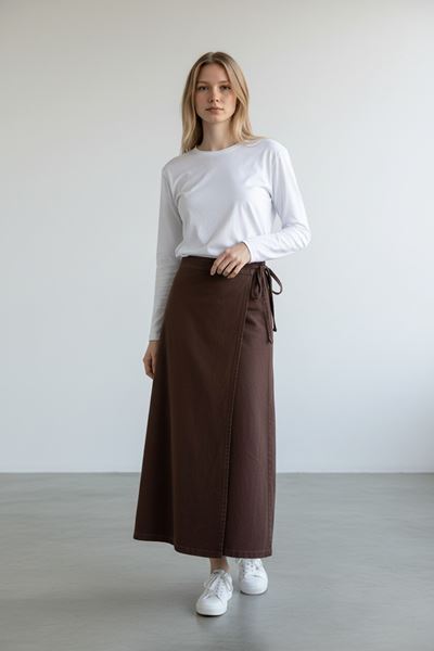 YANDAN BAĞLAMALI DENİM ETEK- KAHVERENGİ