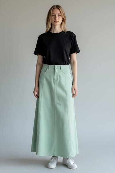 PARÇALI UZUN DENİM ETEK - YEŞİL