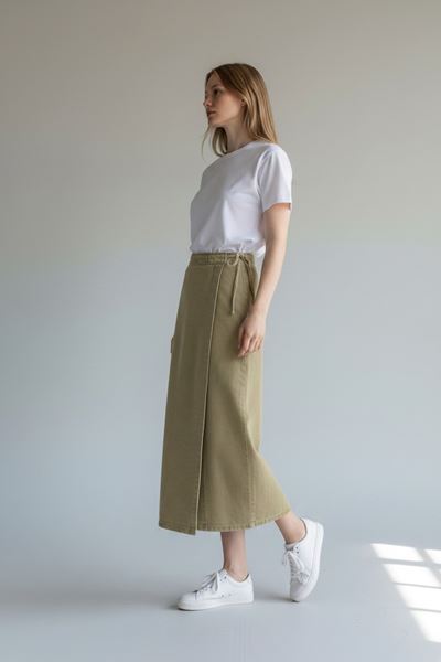 YANDAN BAĞLAMALI DENİM ETEK- HAKİ