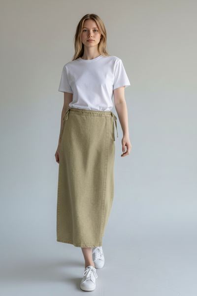 YANDAN BAĞLAMALI DENİM ETEK- HAKİ