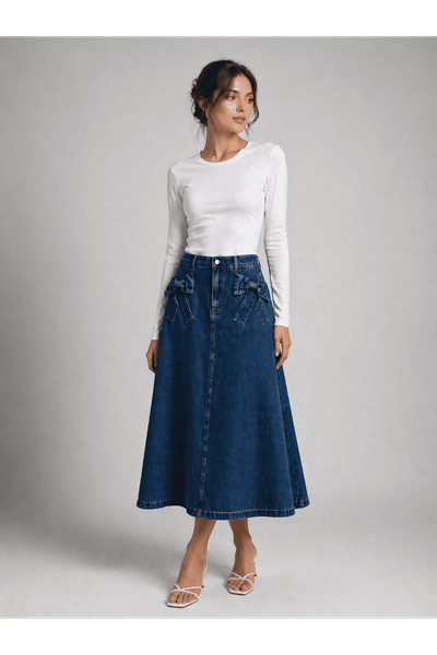 Джинсовая юбка с лентой - синяя