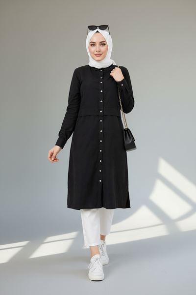 Uzun Siyah Baskılı Pamuk Tunik Rahat Kalıp Günlük Tesettür