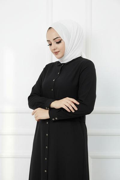 Uzun Siyah Baskılı Pamuk Tunik Rahat Kalıp Günlük Tesettür