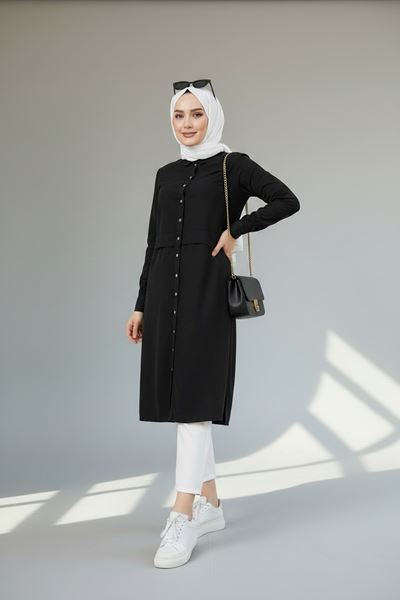 Uzun Siyah Baskılı Pamuk Tunik Rahat Kalıp Günlük Tesettür