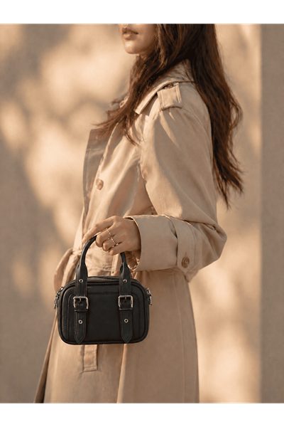 Kadın Üç Bölmeli Fermuarlı Mini Çanta Günlük El ve Omuz Modeli-SİYAH