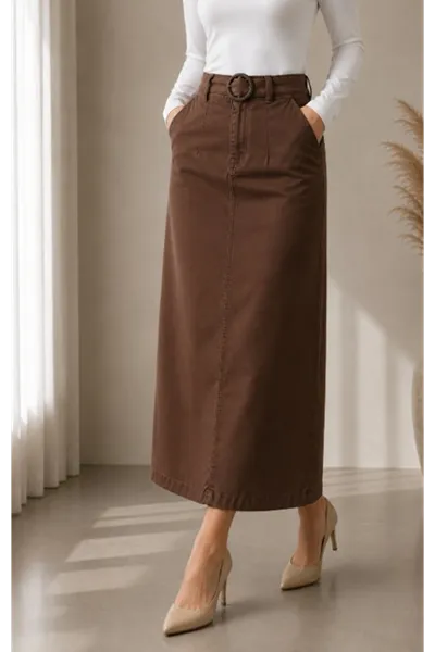 Gabardine Skirt with Pocket Detail and Belt Buckle, Brown