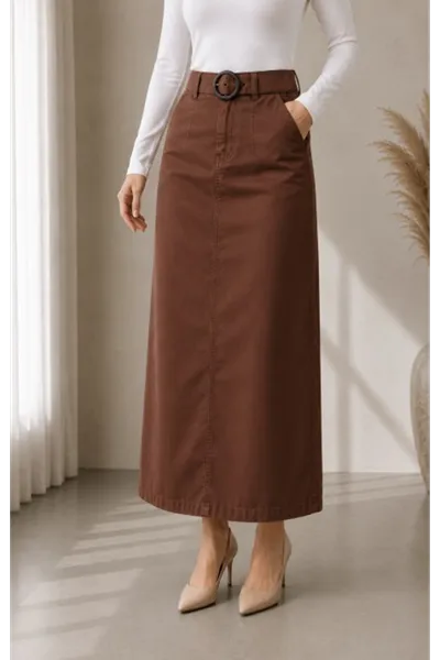 Gabardine Skirt with Pocket Detail and Belt Buckle, Brown