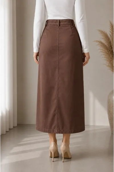 Gabardine Skirt with Pocket Detail and Belt Buckle, Brown