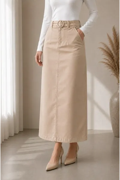 Gabardine Skirt with Pocket Detail and Belt Buckle, Almond