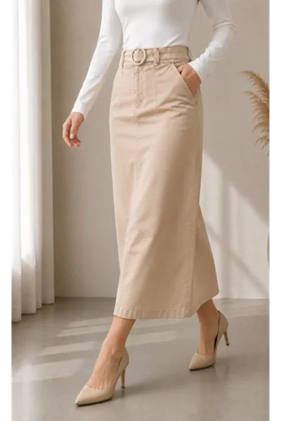 Gabardine Skirt with Pocket Detail and Belt Buckle, Almond