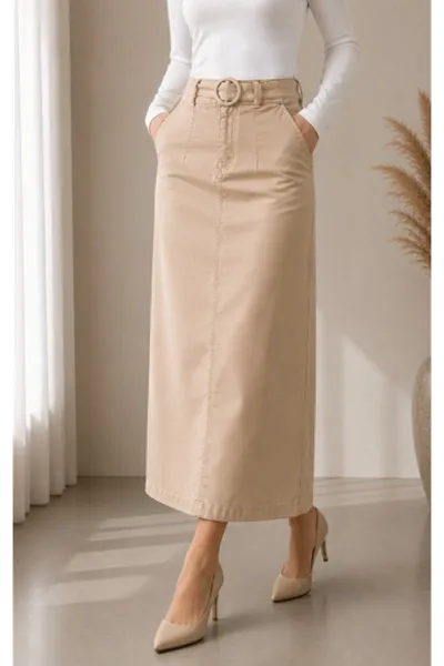 Gabardine Skirt with Pocket Detail and Belt Buckle, Almond