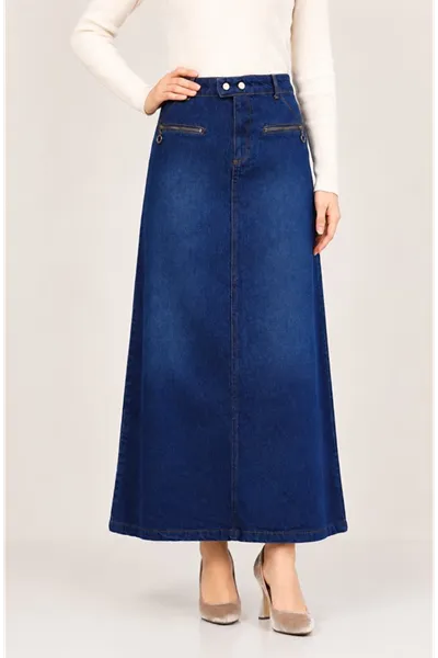 Denim Skirt with Snap Waist Zipper and Pocket Detail Blue