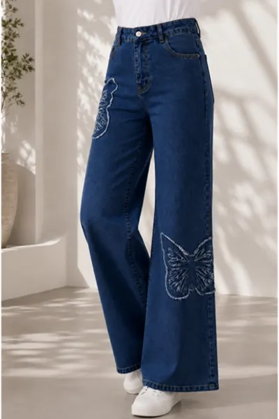 Dark Blue Butterfly Embroidered Trousers