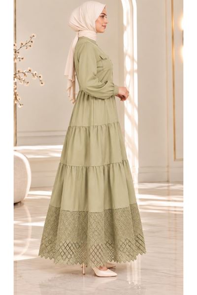 Laced Natural Fabric Button-Down Dress Light Green