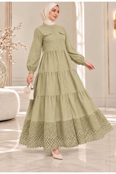 Laced Natural Fabric Button-Down Dress Light Green