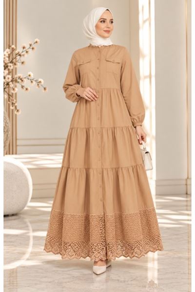 Laced Natural Fabric Button-Down Dress in Camel