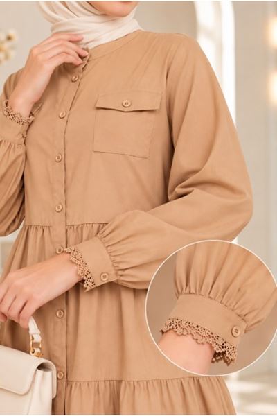 Laced Natural Fabric Button-Down Dress in Camel