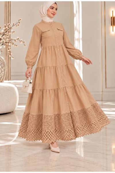 Laced Natural Fabric Button-Down Dress in Camel