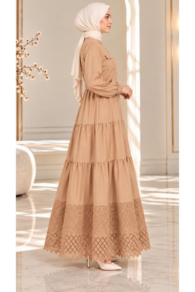 Laced Natural Fabric Button-Down Dress in Camel