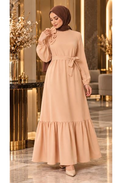 Crepe Fabric Shoulder Ruffle Dress Salmon