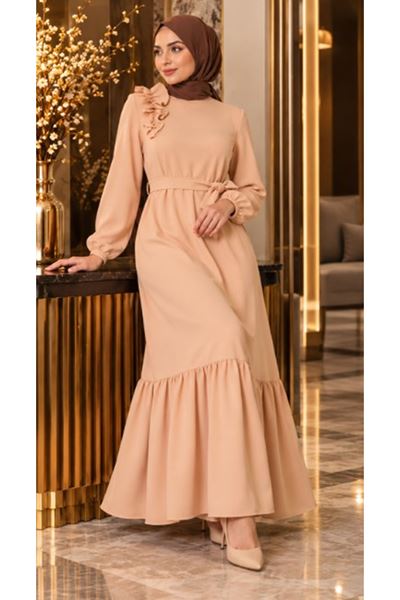 Crepe Fabric Shoulder Ruffle Dress Salmon