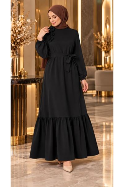 Crepe dress with ruffles on the shoulders, black