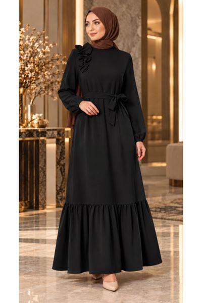 Crepe dress with ruffles on the shoulders, black