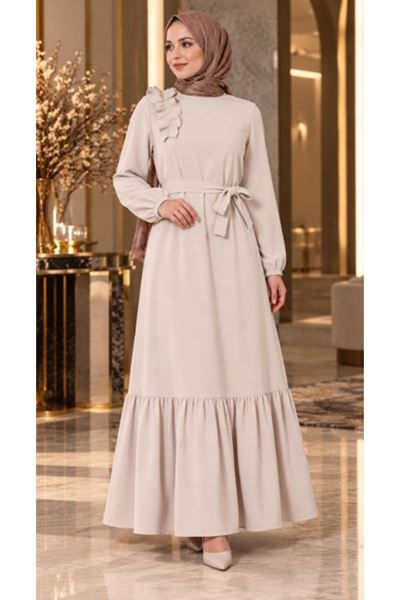 Crepe Fabric Shoulder Ruffle Dress in Ecru