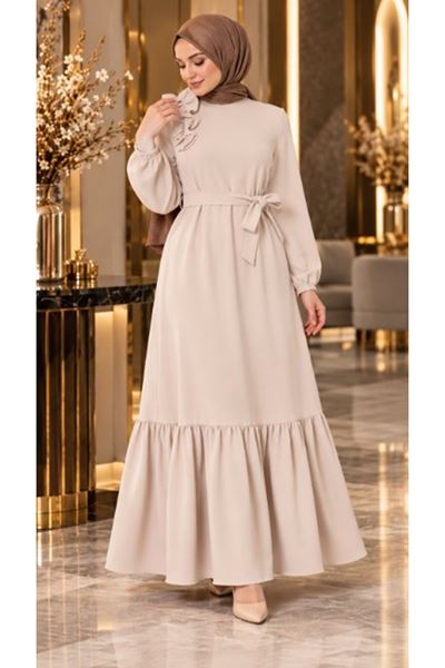 Crepe Fabric Shoulder Ruffle Dress in Ecru