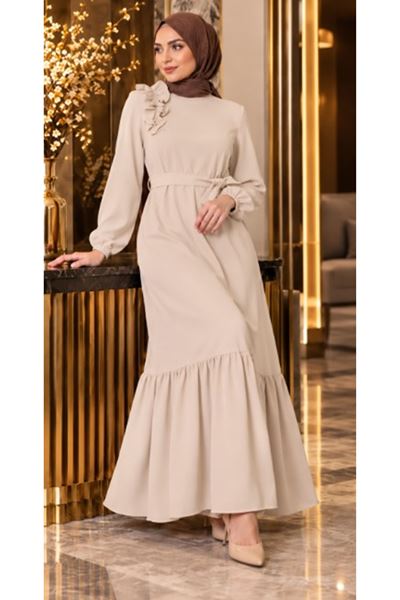 Crepe Fabric Shoulder Ruffle Dress in Ecru