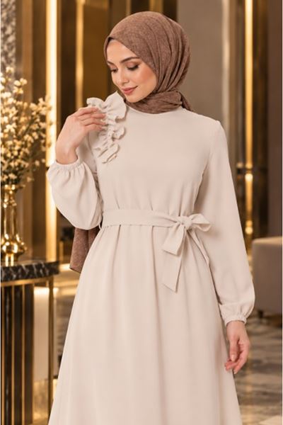 Crepe Fabric Shoulder Ruffle Dress in Ecru