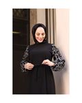 Round Patterned Chiffon Sleeve Tugba Model Dress - Black
