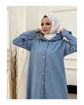 Denim Kapşonlu Kap- Denim Pardesü Mavi