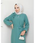 Crepe Fabric Shoulder Ruffle Dress Green