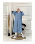 Denim Kapşonlu Kap- Denim Pardesü Mavi