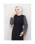 Round Patterned Chiffon Sleeve Tugba Model Dress - Black