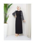 Round Patterned Chiffon Sleeve Tugba Model Dress - Black