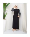 Round Patterned Chiffon Sleeve Tugba Model Dress - Black