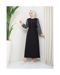 Round Patterned Chiffon Sleeve Tugba Model Dress - Black