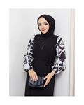 Round Patterned Chiffon Sleeve Tugba Model Dress - Black
