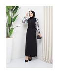 Round Patterned Chiffon Sleeve Tugba Model Dress - Black