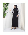 Round Patterned Chiffon Sleeve Tugba Model Dress - Black