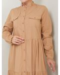 Laced Natural Fabric Button-Down Dress in Camel