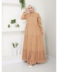 Laced Natural Fabric Button-Down Dress in Camel