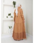 Dantelli Doğal Kumaşlı Boydan Düğmeli Kot Elbise Koyu Camel