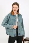 VELVET COLLAR DENIM JACKET Light Blue