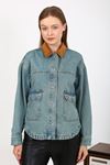 VELVET COLLAR DENIM JACKET Light Blue