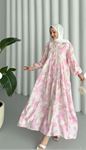 MODAL KUMAŞ ÇİÇEKLİ DÜĞMELİ ELBİSE - PEMBE